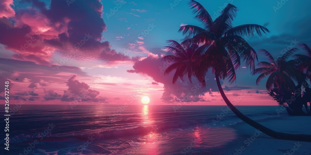 A beautiful sunset over the ocean with a palm tree in the foreground. The sky is a mix of pink and blue, creating a serene and calming atmosphere