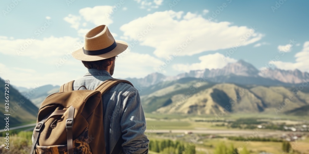 A man wearing a straw hat and a backpack is standing in a field looking out over a mountain range