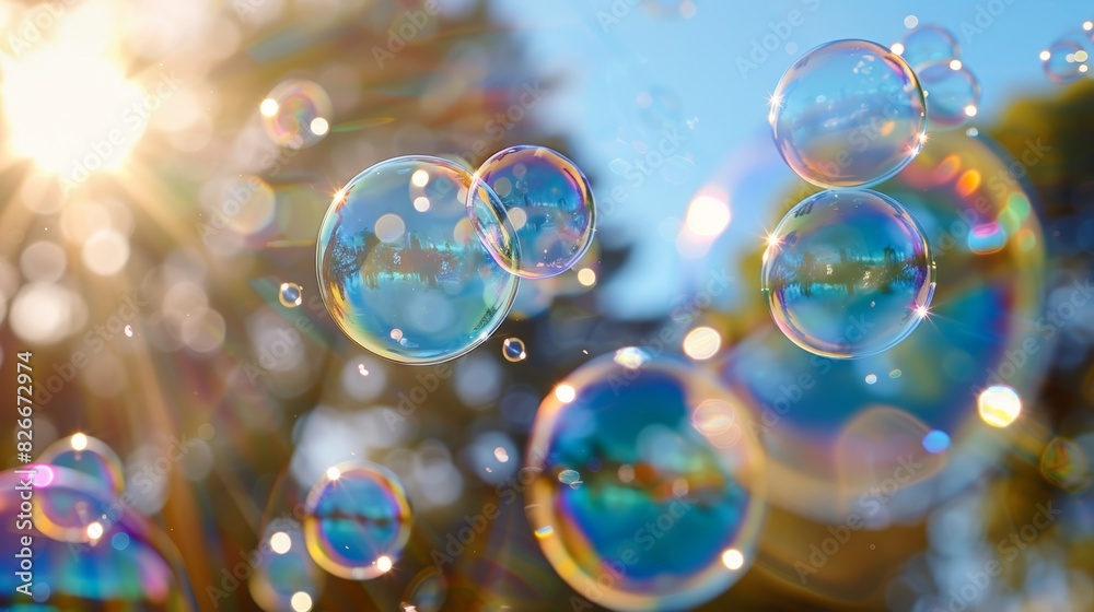 Shiny, iridescent soap bubbles floating in the air, reflecting rainbow colors under the sunlight, against a clear blue sky. Shiny, iridescent soap bubbles floating in the air, reflecting rainbow colors under the sunlight, against a clear blue sky.