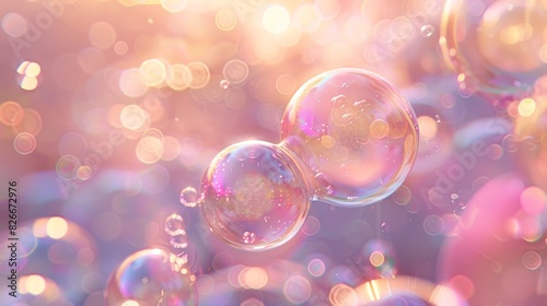Soft, pastel-colored bubbles floating in the air, illuminated by gentle sunlight, creating a dreamy and serene atmosphere.