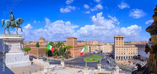 Rome skyline. View from Altar of the Fatherland or Vittoriano: in the center Venice Square and to the side the bronze equestrian statue of King Victor Emmanuel II.	
 photo