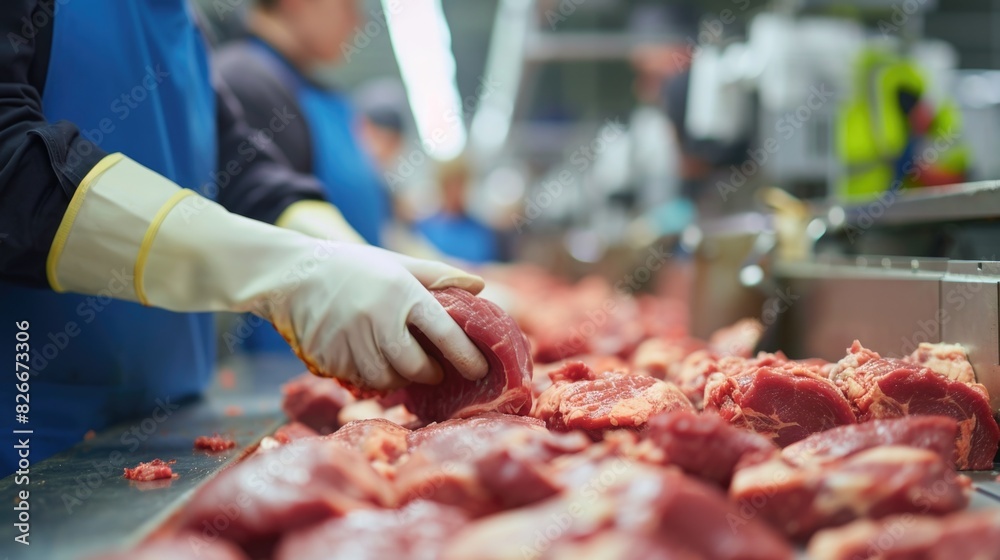A butcher is cutting meat in a factory. The meat is being processed and packaged. The butcher is wearing gloves and a blue apron