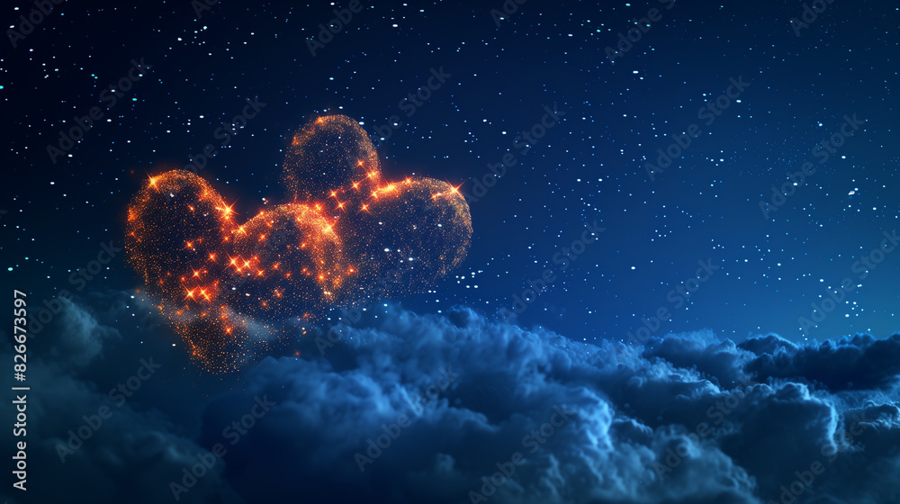 Obraz premium Two hearts in the night sky. Valentine day. Postcard for congratulations, Valentine's Day, Mother's Day and Birthday. Holiday, Love, Wedding. Copy space