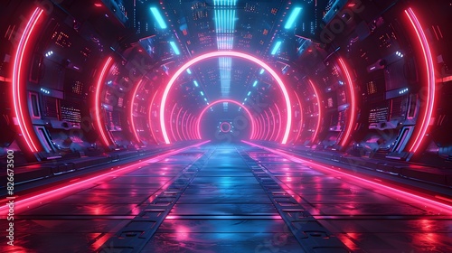 Futuristic Sci-Fi Tunnel with Neon Lights, To be used as a background or set for futuristic or sci-fi themed projects, conveying a sense of advanced
