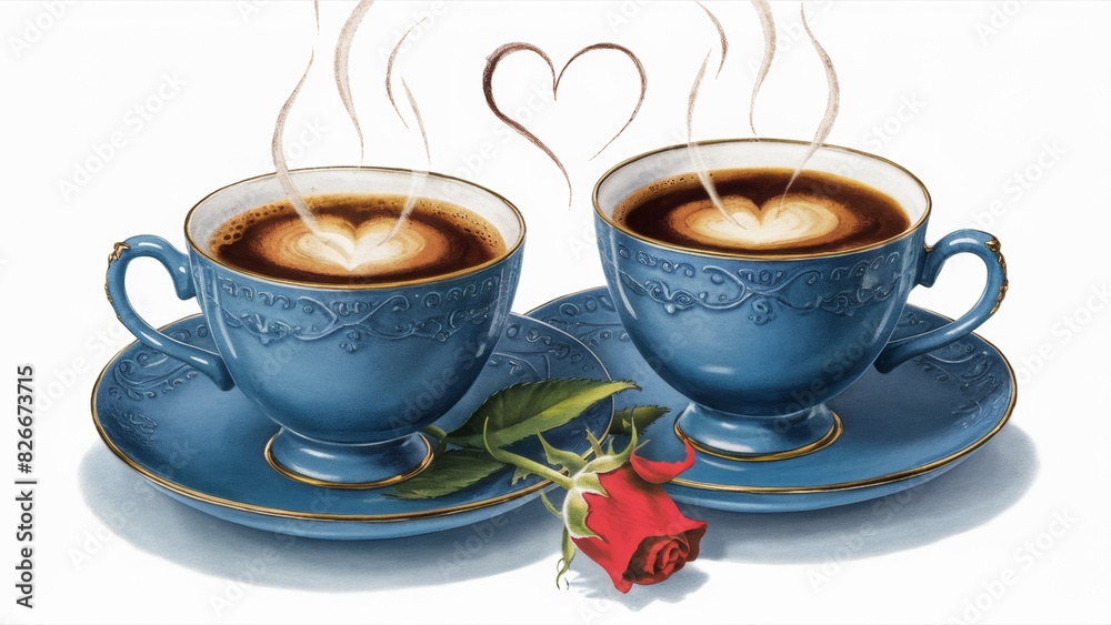 Fototapeta premium The poster. A charming illustration showing two exquisite blue cups and saucers filled with warm, steaming coffee.