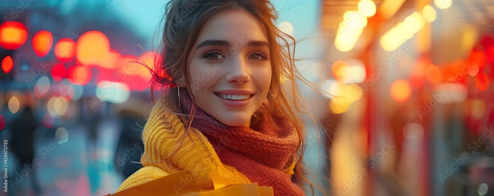 Gleeful Woman Strides through Vibrant Shopping District at Dusk Gleeful Woman Strides through Vibrant Shopping District at Dusk