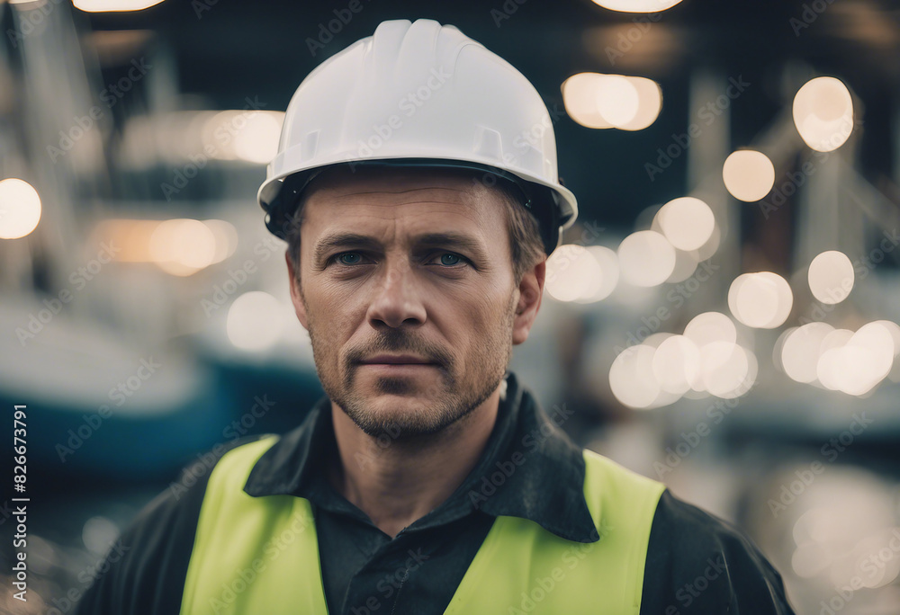 Portrait of a seaport worker, the harbor is blurred in the background
Portrait of a seaport worker, the harbor is blurred in the background