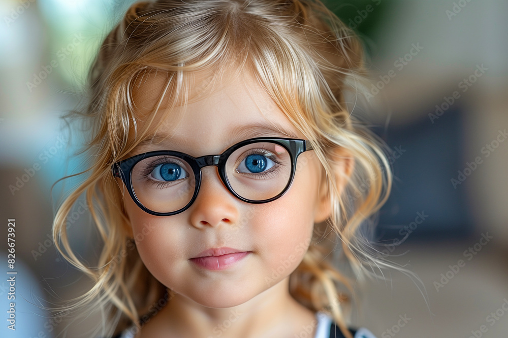 A young girl with long blonde hair and blue eyes is wearing glasses. She is smiling and looking directly at the camera A young girl with long blonde hair and blue eyes is wearing glasses. She is smiling and looking directly at the camera