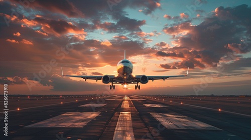 An Airplane Taking Off from the Runway at Sunset, Symbolizing Travel and Business Travel in an Air Transport Background