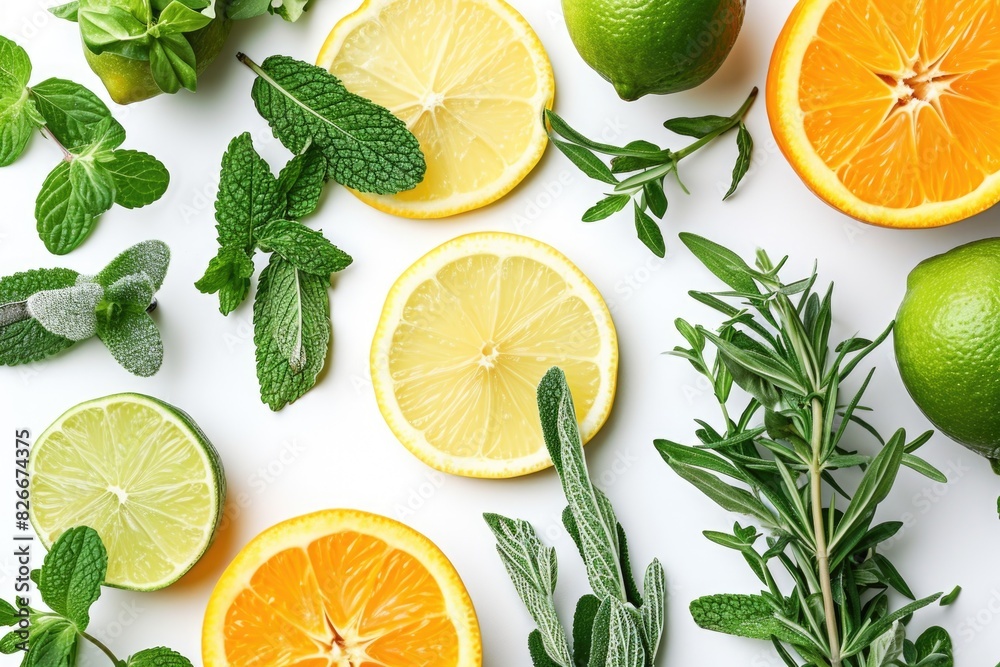 A white background with a variety of fruits and herbs including oranges, limes, and mint. Concept of freshness and health, as the fruits and herbs are all natural and nutritious A white background with a variety of fruits and herbs including oranges, limes, and mint. Concept of freshness and health, as the fruits and herbs are all natural and nutritious