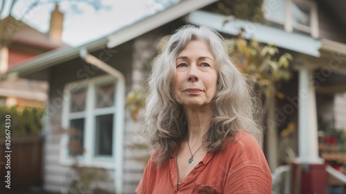 A woman with long gray hair stands in front of a house. She is wearing an orange shirt and a necklace © vefimov