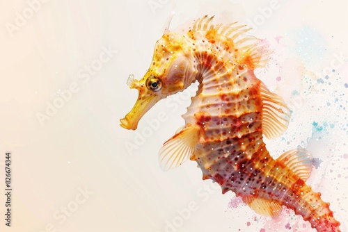 A close up of a seahorse with a yellow and orange body. The seahorse is surrounded by a white background
