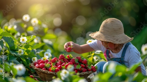 A young Asian girl in a straw hat picking fresh strawberries in a sunlit garden, surrounded by lush green foliage and white flowers.