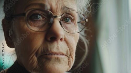 A woman with glasses and gray hair is looking out the window. She is sad or contemplative