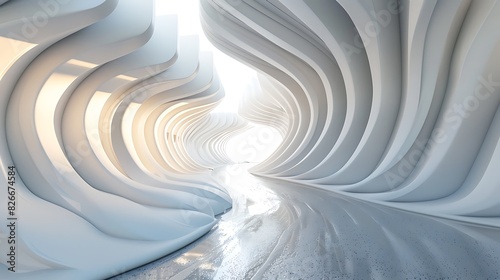 White abstract tunnel with smooth lines and curves. Futuristic architecture concept. 3D rendering.
