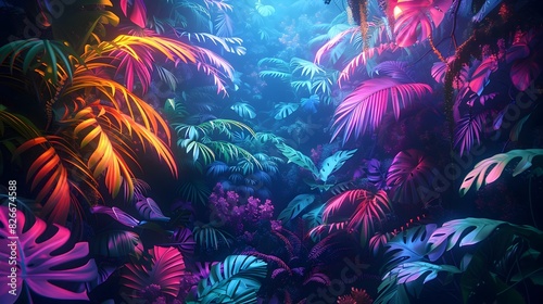 Enchanting Digital Jungle Teeming with Neon Lit Bioluminescent Flora in Vibrant Otherworldly Radiance photo