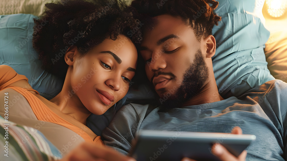 High angle close-up of biracial young couple using digital tablet and talking while lying on bed High angle close-up of biracial young couple using digital tablet and talking while lying on bed