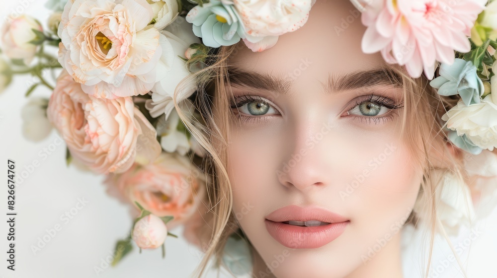 Photo of a woman with a floral crown and short dark hair, surrounded by pink cherry blossoms, in soft sunlight.