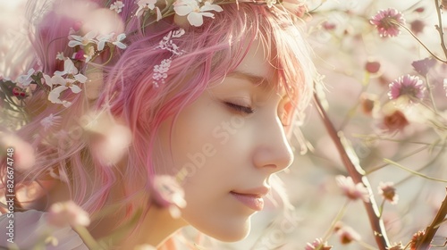 Photo of a beautiful young woman with pink hair and floral crown standing among blooming cherry blossoms.