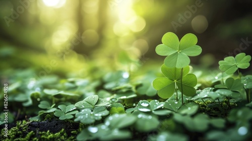 A green leafy plant with a single leaf that is shaped like a clover. The plant is surrounded by other leaves and he is in a forest