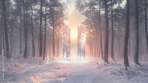 An ethereal scene of a winter forest with a pale rosecolored sun and two mirrored light pillars creating a mesmerizing visual effect. photo