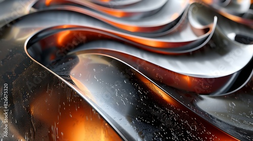Abstract 3D rendering of a wavy metal surface with a glossy orange and silver texture.