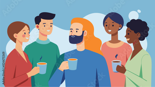 A new member tentatively joining a group of regular attendees slowly sipping their coffee as they listen and observe.. Vector illustration