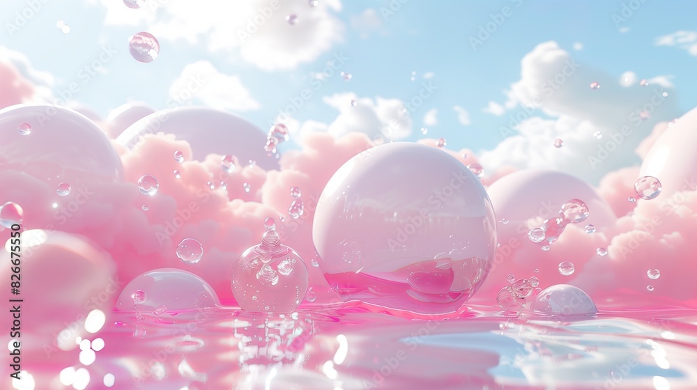 3D spheres floating around the water in pink and white colors. 3D spheres floating around the water in pink and white colors.