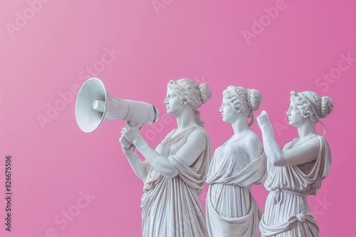 Three marble statues communicating with megaphone against pink background