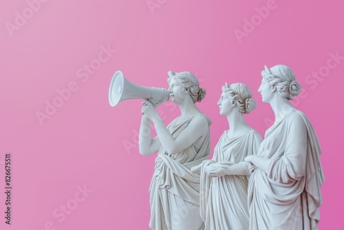 Three marble statues communicating with megaphone against pink background