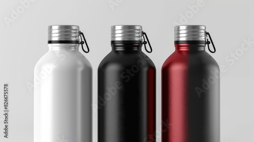 Three bottles of different colors, one white, one black and one red. The white bottle is the tallest and the red bottle is the shortest photo