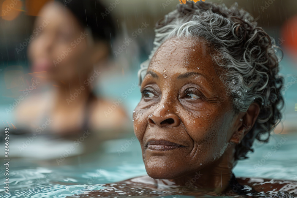 Senior woman relaxing in a pool, enjoying the water and ambiance.