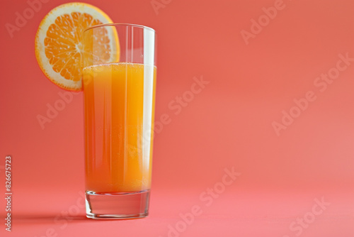 Glass of orange juice on solid coral pink background.