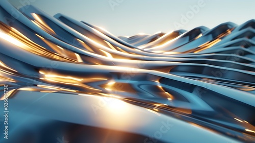 Blue and gold abstract waves. 3D rendering.