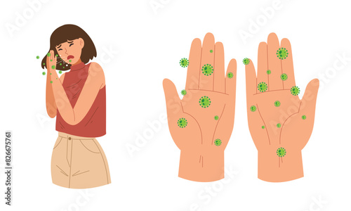 Female cover her nose with both hands while sneezing. Contacting with virus molecules. COVID-19 epidemic cause of infection. Flu, fever, respiratory disease contagion concept. Flat vector illustration