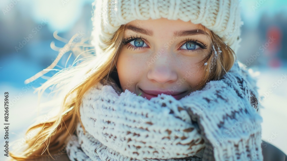 A woman with blue eyes and blonde hair is wearing a white hat and a white scarf. She is smiling and looking at the camera A woman with blue eyes and blonde hair is wearing a white hat and a white scarf. She is smiling and looking at the camera