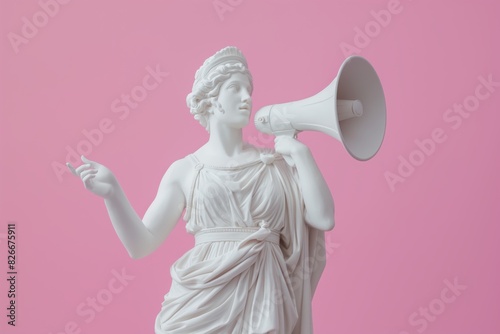 Classical statue with megaphone against pink background in studio lighting