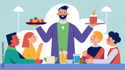 The church pastor moves from table to table joining in conversations and making sure everyone is wellfed and having a good time.. Vector illustration
