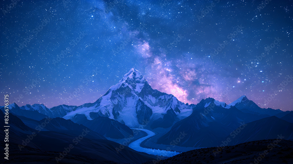 Starry Night Sky over the Majestic Himalayas in Summer Starry Night Sky over the Majestic Himalayas in Summer