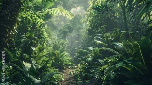 Lush Tropical Rainforest: A dense tropical rainforest with towering trees, vibrant plants, and a sense of untouched wilderness. photo