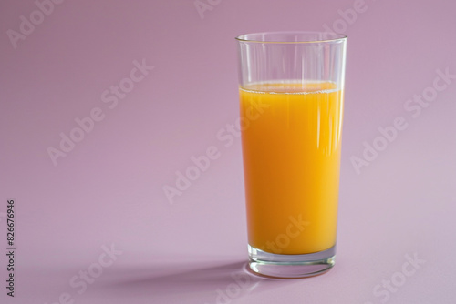 Orange juice glass on solid lilac background.