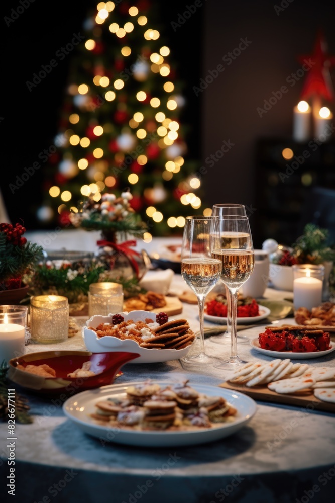 A table is set with a variety of food and drinks, including wine glasses and a Christmas tree in the background. The atmosphere is festive and inviting, perfect for a holiday gathering