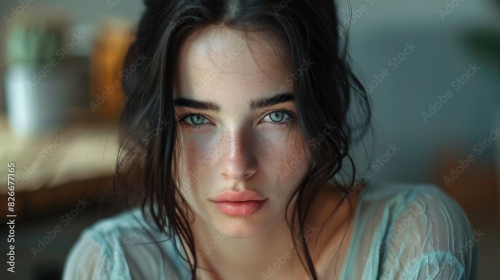 A woman with green eyes and a red nose. She is wearing a blue shirt. The woman has a serious expression on her face A woman with green eyes and a red nose. She is wearing a blue shirt. The woman has a serious expression on her face
