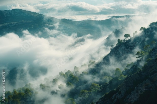 A misty mountain range with trees and clouds. The misty atmosphere gives the scene a serene and peaceful mood