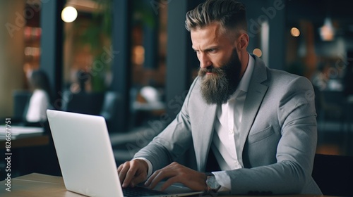 A man with a beard is typing on a laptop in a restaurant. He is wearing a suit and tie