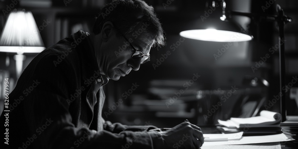 A man is sitting at a desk with a lamp on it. He is writing on a piece of paper