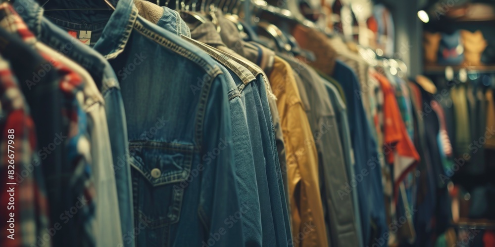 A rack of clothes with a yellow jacket in the middle A rack of clothes with a yellow jacket in the middle