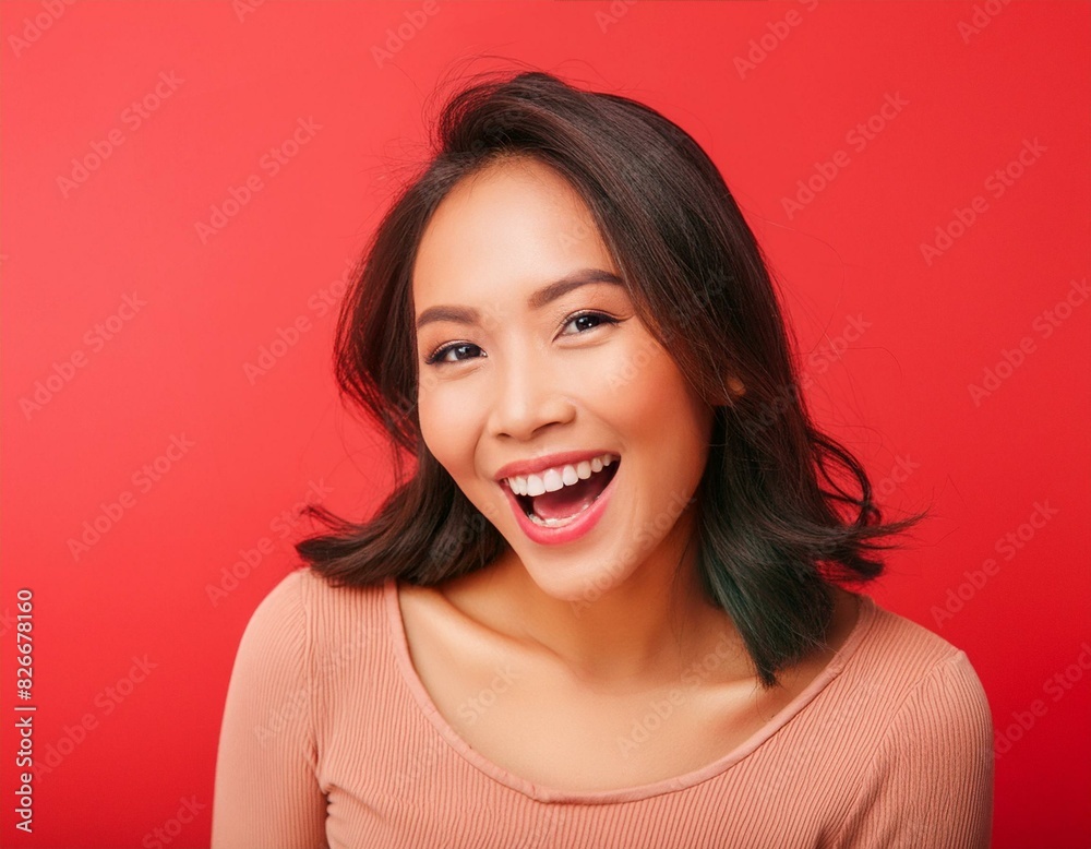 A women Eyes wide with excitement, mouth open in a delighted grin. red background A women Eyes wide with excitement, mouth open in a delighted grin. red background