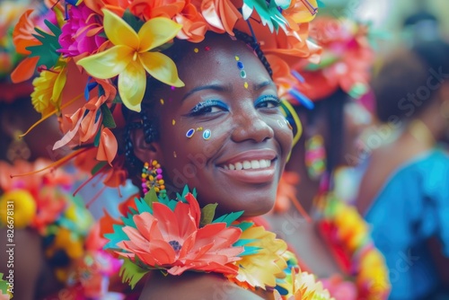 A woman wearing a flowery headdress and colorful clothing is smiling. Concept of joy and celebration, as the woman is participating in a festival or a special event photo