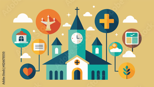 The orientation includes a brief overview of the different worship services and times offered to accommodate varying schedules.. Vector illustration